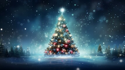 Fototapeta na wymiar christmas tree with lights, stars and snow