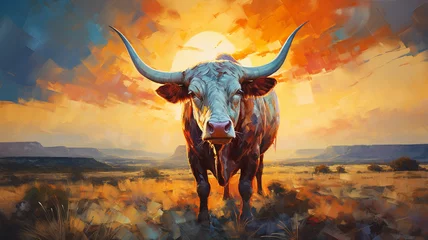 Foto op Plexiglas Texas longhorn steer at sunset abstract painting   © Blackbird