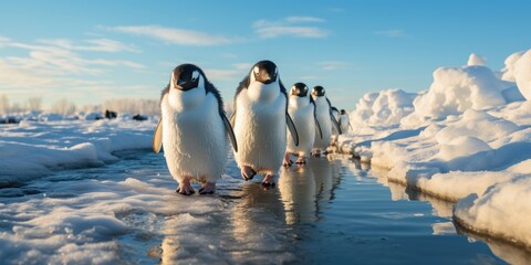 a group of penguins walking across the snow outside antarctica, generative AI