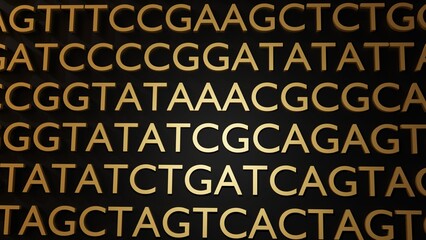 Gold ATGC letters background. Adenine, thymine, cytosine and guanine are the four nucleotides found in DNA 3d rendering
