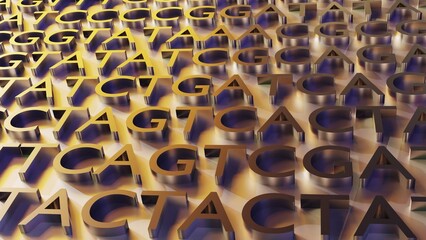 Obraz premium Gold ATGC letters background. Adenine, thymine, cytosine and guanine are the four nucleotides found in DNA 3d rendering