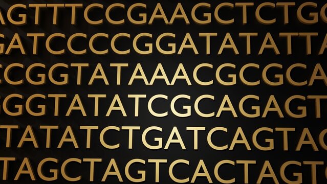 Gold ATGC letters background. Adenine, thymine, cytosine and guanine are the four nucleotides found in DNA 3d rendering