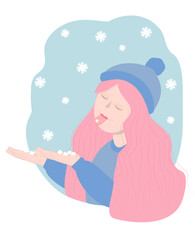 A girl sticks out her tongue to enjoy the falling snowflakes. Girl in warm cloth. Winter mood. Hello winter. Vector illustration.