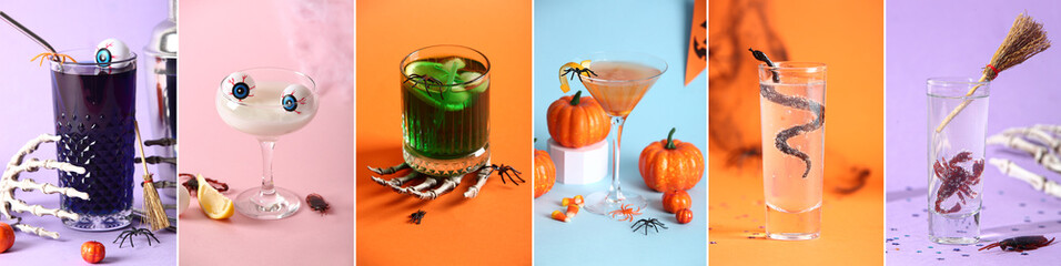 Collage with many creepy Halloween cocktails