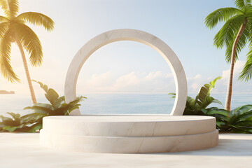 Stone podium stand in Summer sand and tropical sea background, Empty minimal stage design holiday sea beach sky cloud, ai generate - obrazy, fototapety, plakaty