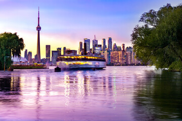 Toronto night skyline with ferry - obrazy, fototapety, plakaty