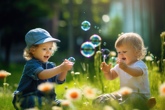 Beautiful toddlers having fun with blowing soap bubble blower on a sunny day in nature