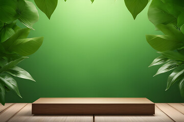 wood table green wall background with sunlight window create leaf shadow on wall with blur indoor green plant foreground. panoramic banner mockup for display of product. eco friendly interior concept