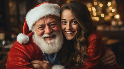 Fototapeta na wymiar Happy senior man hugs granddaughter while receiving Christmas gifts at home