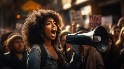 Young black woman shouts into a megaphone at a protest against racism. - obrazy, fototapety, plakaty