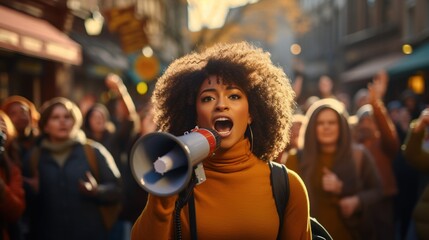 Young black woman shouts into a megaphone at a protest against racism. - obrazy, fototapety, plakaty