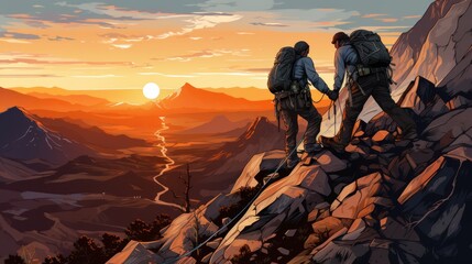 Vector art of male and female climbers climbing rocks on the mountain. - obrazy, fototapety, plakaty