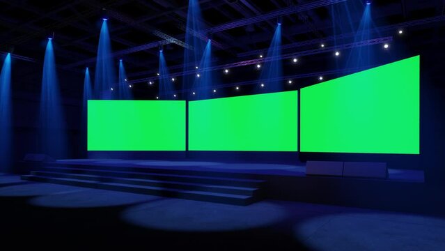 Motion Empty stage Design for mockup and Corporate identity,Display.Stage green screen in hall.Blank screen for Graphic Resources.Scene event led night light staging.Animation loop 4k.3D render.