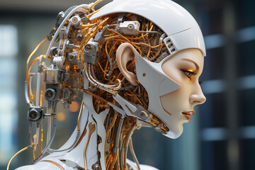 White cyborg woman Artificial intelligence. Future technology concept
