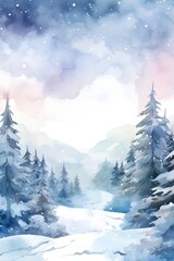 Fototapeta na wymiar Watercolor Christmas Forest with snow, background, wallpaper, postcard, scenery 