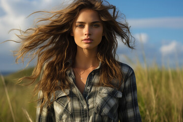 Fototapeta premium Portrait of a beautiful young woman with long curly hair in the field