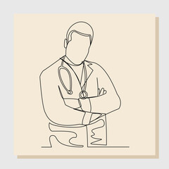 Continuous single one line drawing of man hospital doctor with stethoscope. Vector illustration.