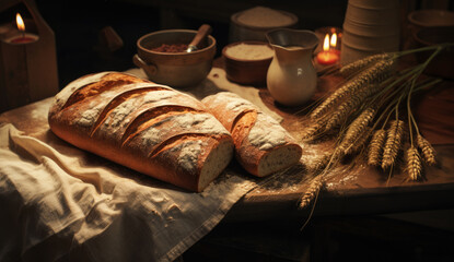 Obraz na płótnie Canvas Fresh bread and wheat on the wood table.