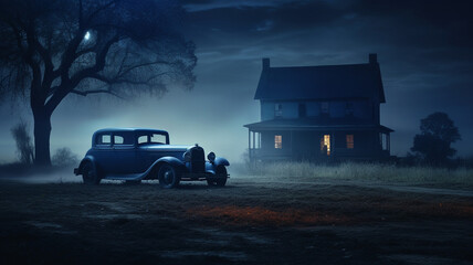 Fototapeta na wymiar old car parked in front of a farm house under moon light
