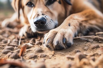 Generative AI : Dog paws close up. Defocused abstract background. Dog claws with dirt and scratches after training. Nail trimming. Animal claw care, health care. - obrazy, fototapety, plakaty
