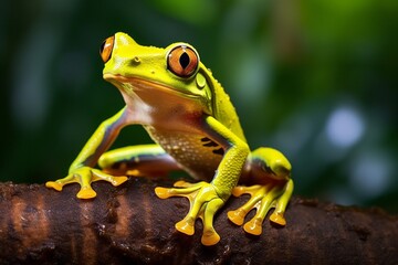 Generative AI : Golden-eyed leaf frog, Cruziohyla calcarifer, green yellow frog sitting on the leaves in the nature habitat in Corcovado, Costa Rica. Amphibian from tropic forest. Wildlife in Central 