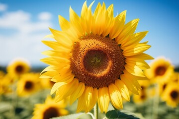 Generative AI : Close-up yellow sunflower in full bloom on sunny summer, yellow sunflower, and fields blurred in the background. Focus on the petal.