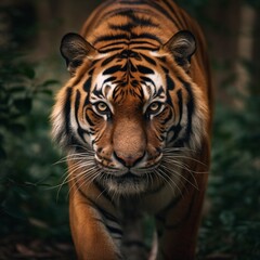 Fototapeta premium Generative AI : A portrait of a tiger with piercing eyes, set against a lush jungle background