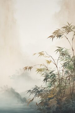 Generative AI : The picture painted in the traditional Japanese style. The little bird sat on a flexible stalk of bamboo in the wind in the bamboo grove