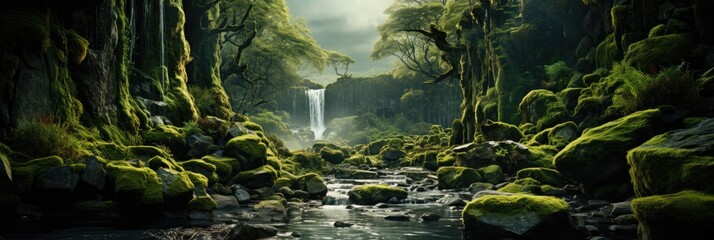 a waterfall surrounded by green moss, generative AI - obrazy, fototapety, plakaty