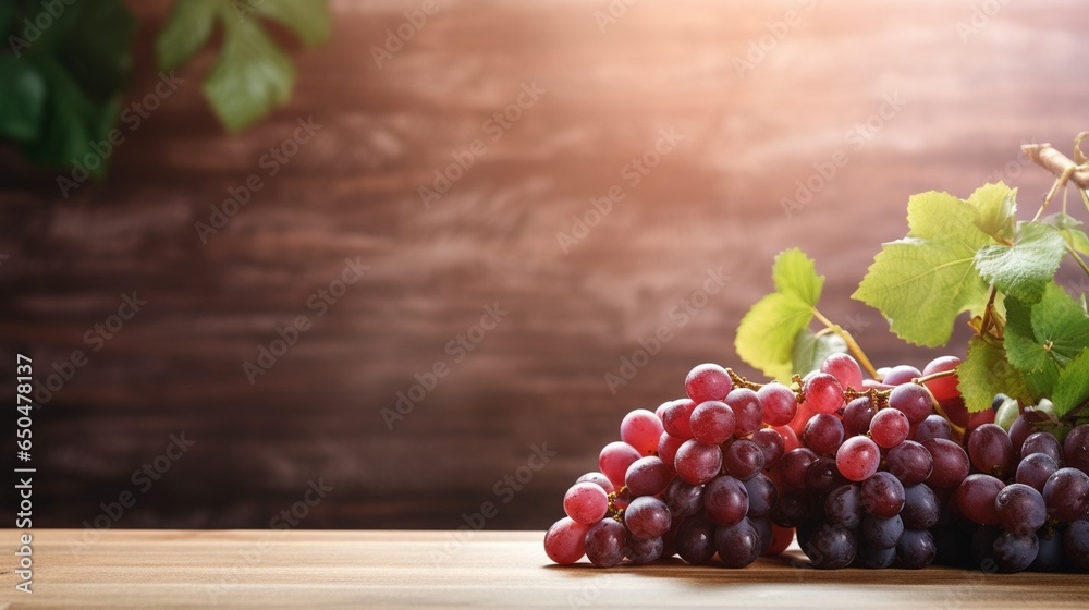 Poster generative ai : closeup red grapes fruit wooden background , blank space, sharp shadows