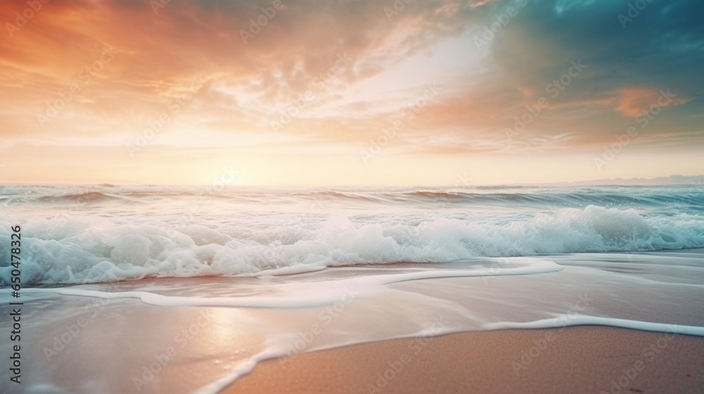 Poster Generative AI : Blur tropical beach with bokeh sun light wave abstract background. Copy space of outdoor summer vacation and travel adventure concept. Vintage tone filter effect color style.