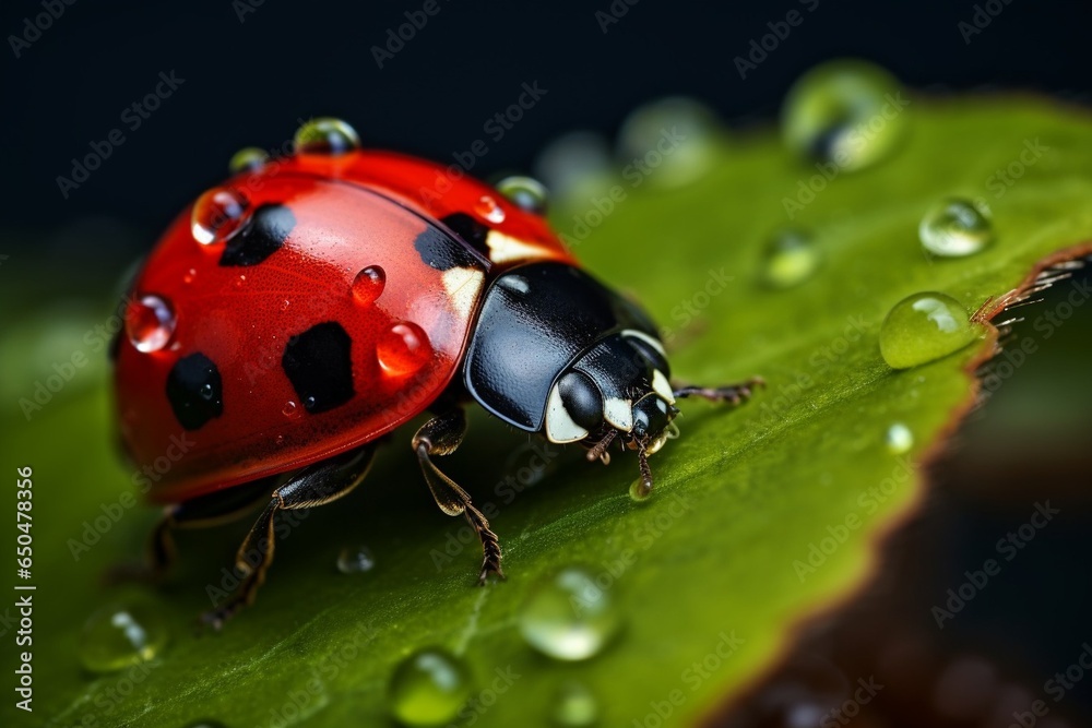 Poster Generative AI : Ladybug with black eyes in macro. Super macro photo of insects and bugs. Ladybug on green leaf.
