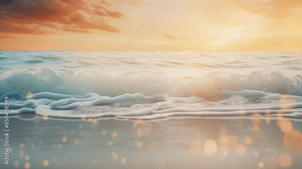 Poster Generative AI : Blur tropical beach with bokeh sun light wave abstract background. Copy space of outdoor summer vacation and travel adventure concept. Vintage tone filter effect color style.