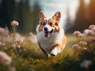 Generative AI : Small Corgi running through a lush green meadow with its tongue out