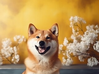 Generative AI : Happy shiba inu dog on yellow. Dogecoin. Red-haired Japanese dog smile portrait....