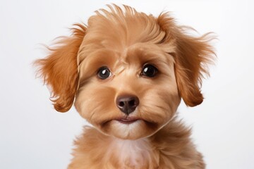 Generative AI : Cute charming dog. Shot of Maltipoo with big kind eyes and brown fur posing isolated over white studio background. Close up. Pet looks healthy and happy. Friend, love, care and animal 
