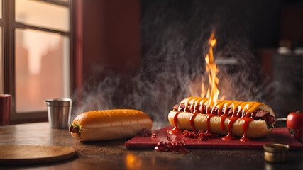 Ai generative photo of a melting hot hotdog - obrazy, fototapety, plakaty