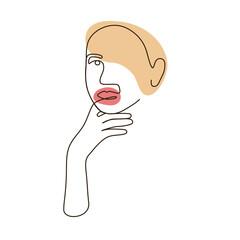 Modern line art of young woman face resting her chin on her hand. Good for poster, cover design beauty.