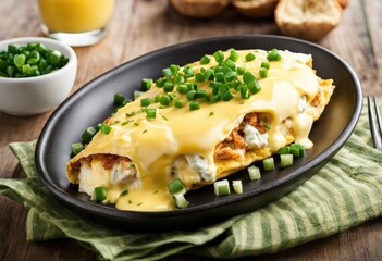 Fototapeta na wymiar crab omelette with cheese, green onions, and hollandaise sauce