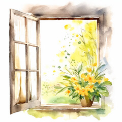 春の窓の水彩イラスト