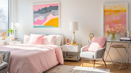 Modern bedroom interior design with pink pillows and armchairs