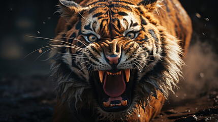 the extraordinary beauty of an angry tiger face roaring in the middle of the jungle with fangs and aggressive expressions created with Generative AI Technology