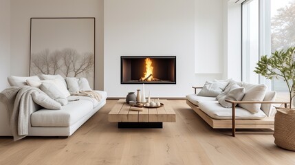 Modern living room with white walls, wooden floor, comfortable armchairs and fireplace