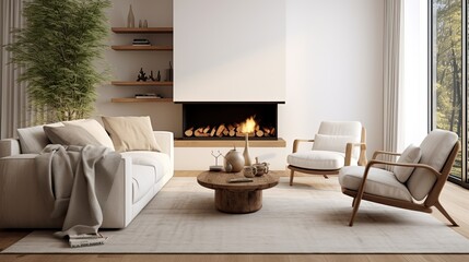 Modern living room with white walls, wooden floor, comfortable armchairs and fireplace