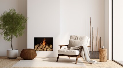 Modern living room with white walls, wooden floor, comfortable armchairs and fireplace