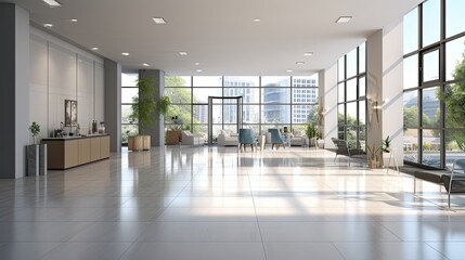 Modern office lobby with large windows. mock up