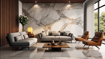Interior of modern living room with marble walls, concrete floor, orange sofa and coffee table