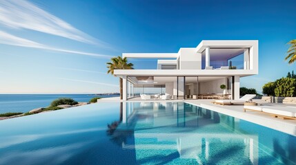 Fototapeta premium modern cozy house with pool and parking for sale or rent in luxurious style by the sea or ocean at sunset. Clear sky with clouds
