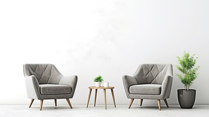 Modern interior with armchair and plant on white wall background