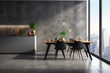 Interior of modern kitchen with gray walls, concrete floor, gray cupboards and round wooden table with gray chairs